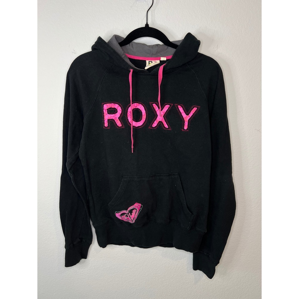 Roxy Womens Hoodie Graphic Back Logo Pullover Black Pink XL